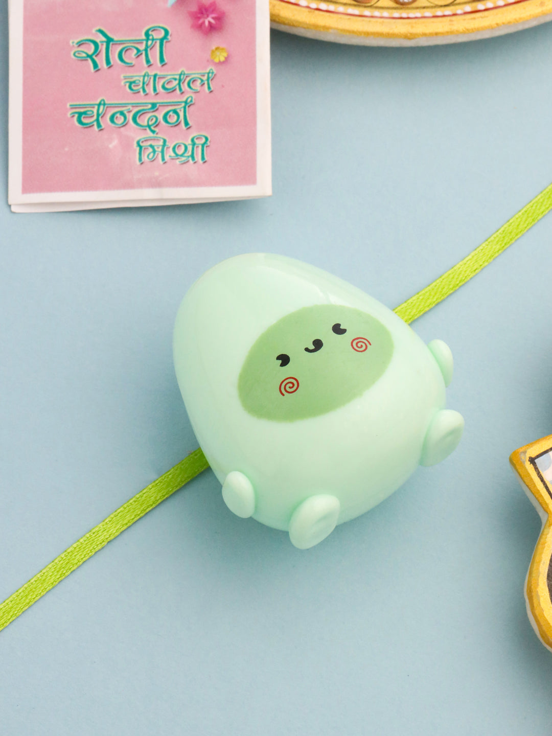 NVR Kids Handmade Green Thread Rakhi with Roli Chawal Chandan & Mishri | Swadesiicart