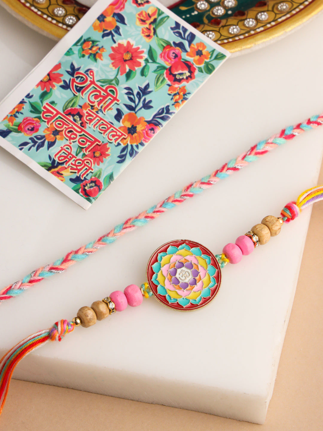 NVR Men Set of 2 Multicolor Artificial Stones & Beads Thread Rakhi with Roli Chawal Chandan & Mishri | Swadesiicart
