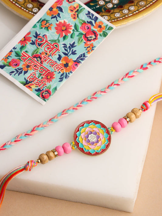 NVR Men Set of 2 Multicolor Artificial Stones & Beads Thread Rakhi with Roli Chawal Chandan & Mishri | Swadesiicart