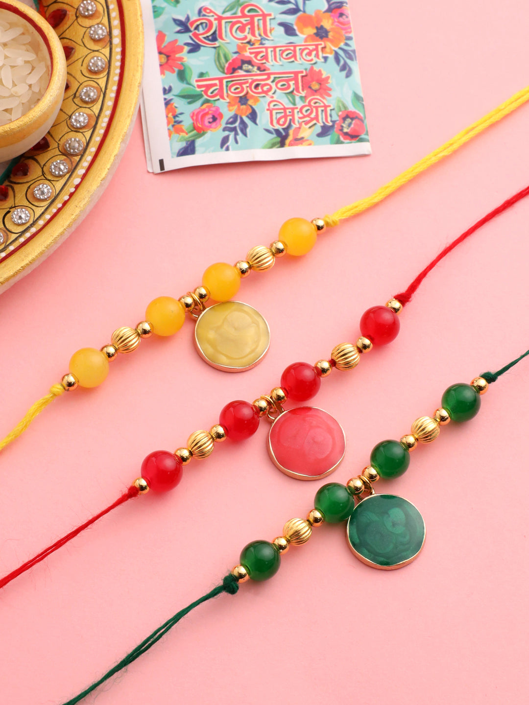 NVR Men Set of 3 Multicolor Artificial Beads Thread Rakhi with Roli Chawal Chandan & Mishri | Swadesiicart