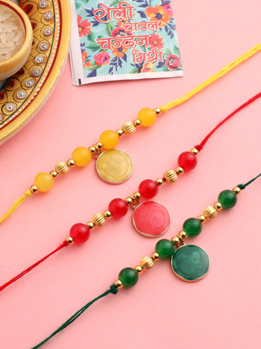 NVR Men Set of 3 Multicolor Artificial Beads Thread Rakhi with Roli Chawal Chandan & Mishri | Swadesiicart