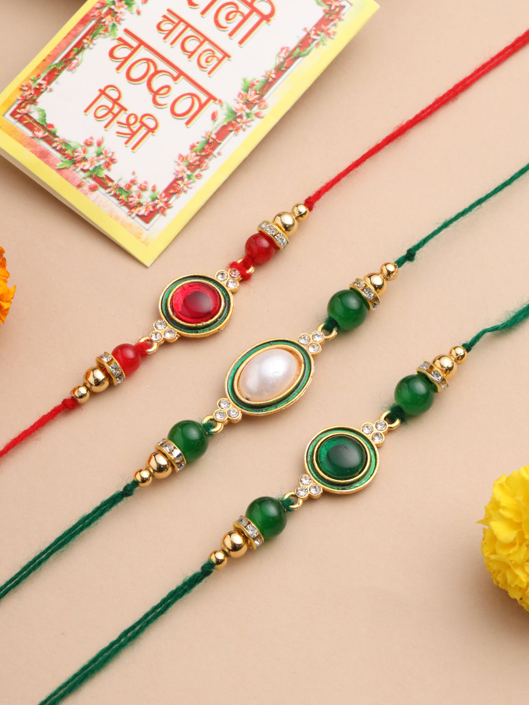 NVR Men Set of 3 Multicolor Artificial Beads & Pearls Thread Rakhi with Roli Chawal Chandan & Mishri - Swadesiicart