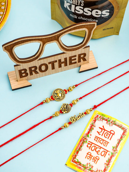 NVR Men's Set of 3 Gold Toned Thread Rakhi Set, Combo for Rakshabandhan - Swadesiicart