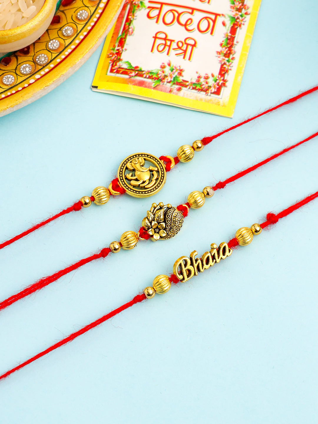 NVR Men Set of 3 Gold Toned Thread Rakhi with Roli Chawal Chandan & Mishri - Swadesiicart
