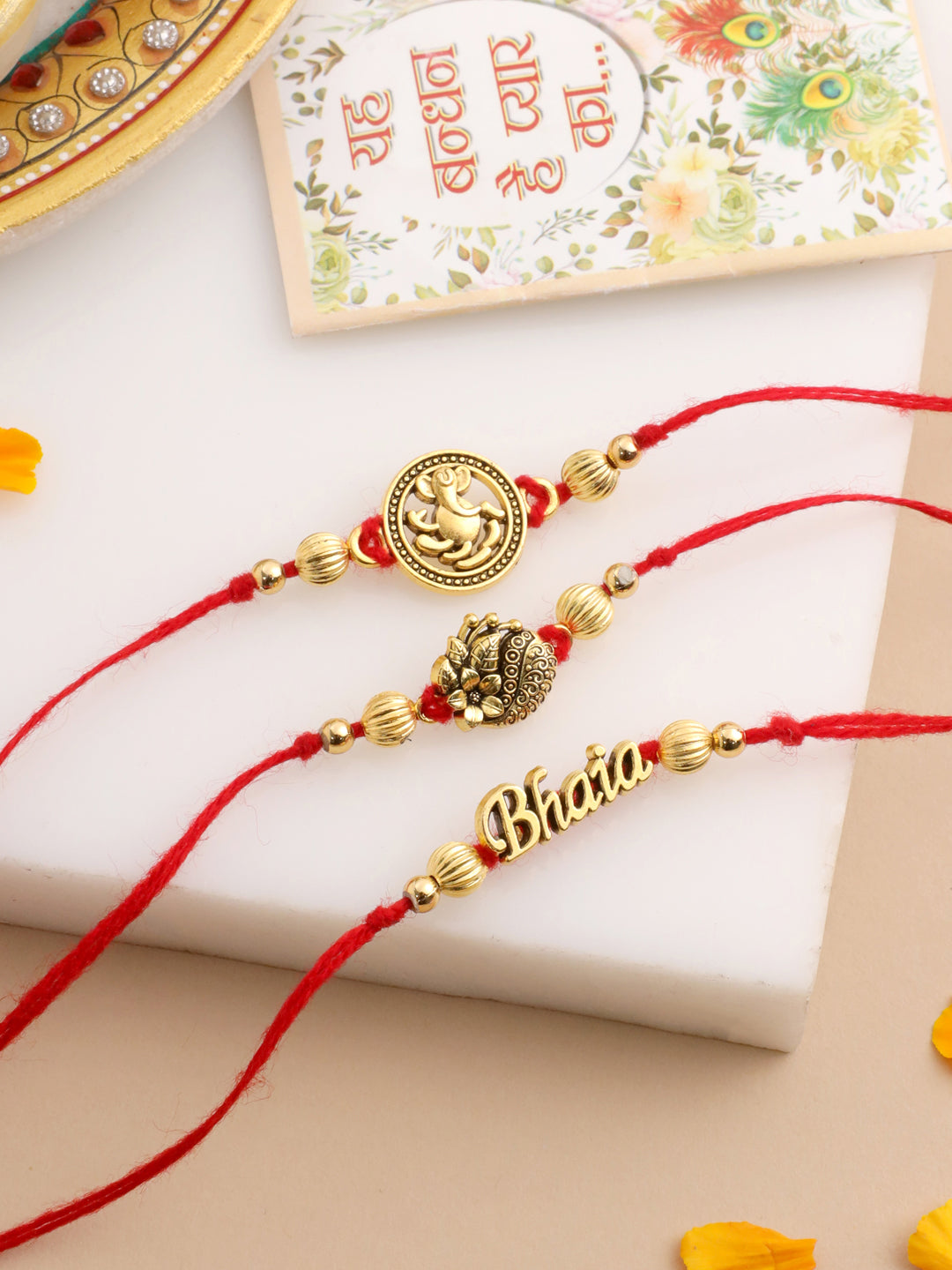 NVR Men Set of 3 Gold Toned Thread Rakhi with Roli Chawal Chandan & Mishri - Swadesiicart