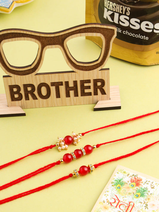 NVR Men Set of 3 Red Artificial Beads & Pearls Thread Rakhi, Combo for Rakshabandhan - Swadesiicart