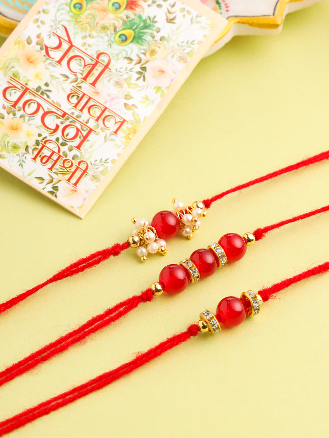 NVR Men Set of 3 Red Artificial Beads & Pearls Thread Rakhi with Roli Chawal Chandan & Mishri - Swadesiicart