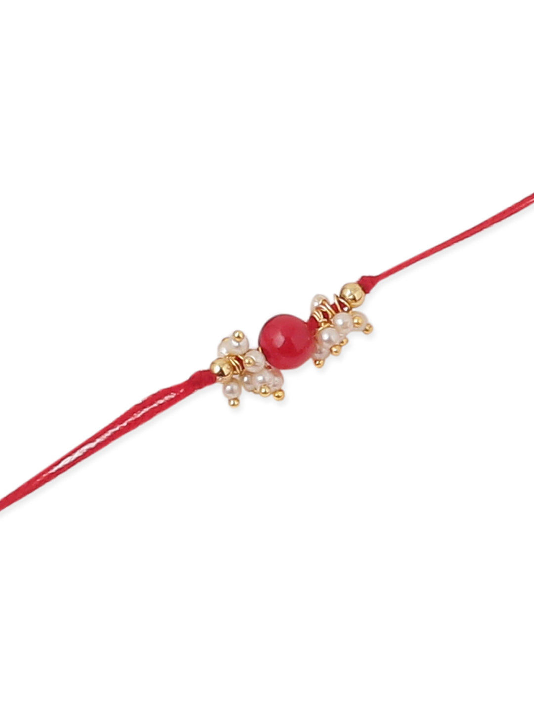 NVR Men Set of 3 Red Artificial Beads & Pearls Thread Rakhi with Roli Chawal Chandan & Mishri - Swadesiicart