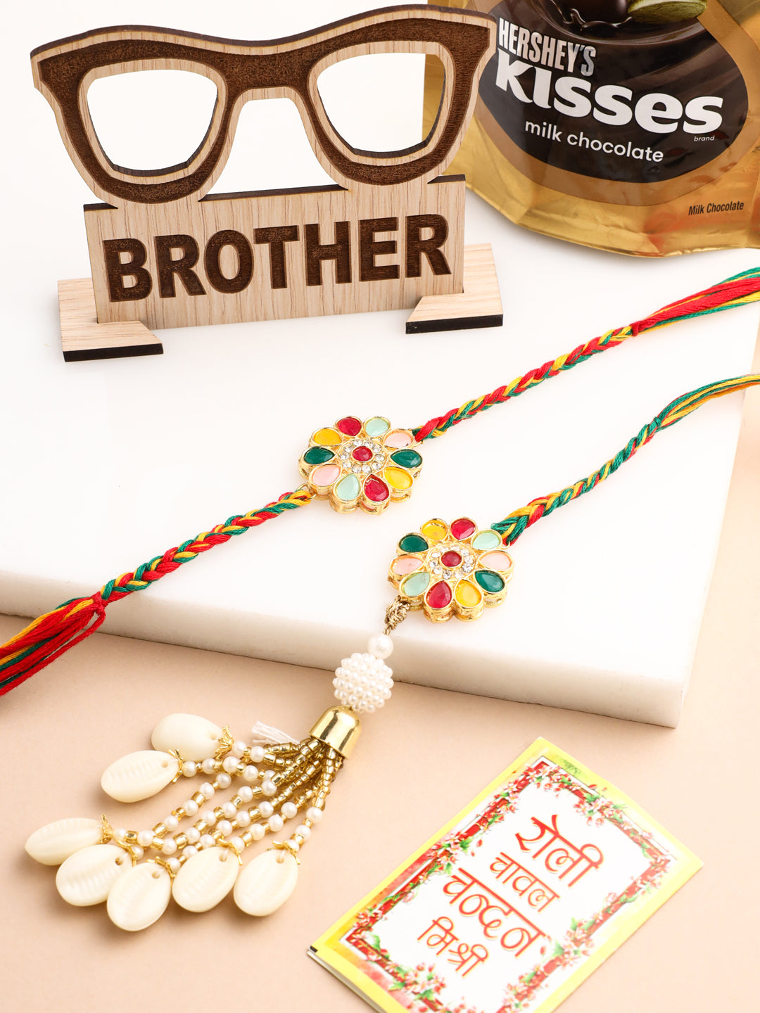 NVR Set of 2 Artificial Beads & Sea Shell Floral Design Bhaiya Bhabhi Rakhi Combo | Swadesiicart