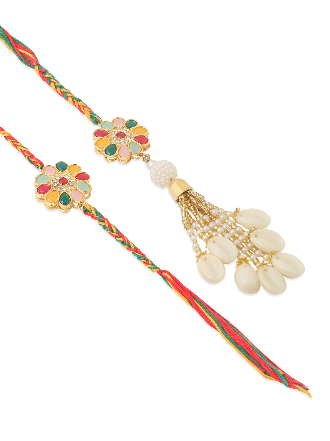 NVR Set of 2 Artificial Beads & Sea Shell Floral Design Bhaiya Bhabhi Rakhi with Roli Chawal Chandan & Mishri | Swadesiicart