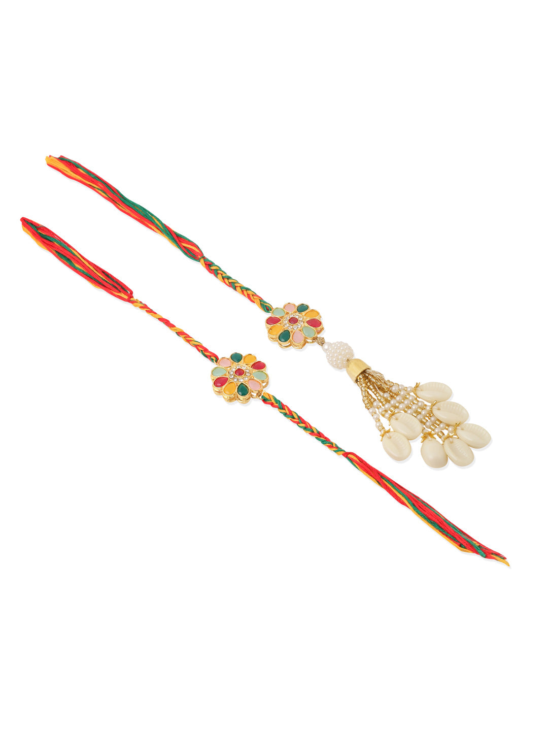 NVR Set of 2 Artificial Beads & Sea Shell Floral Design Bhaiya Bhabhi Rakhi with Roli Chawal Chandan & Mishri | Swadesiicart