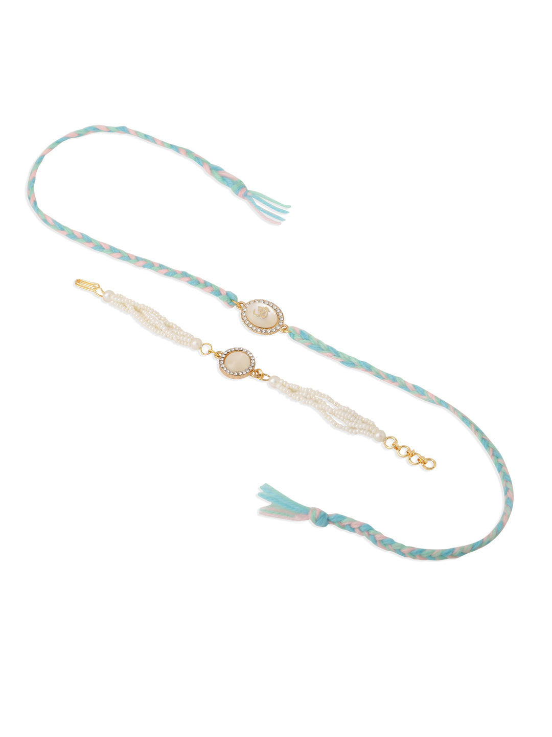 NVR Set of 2 White Pearls & Artificial Beads Bhaiya Bhabhi Rakhi Set, Combo for Rakshabandhan | Swadesiicart