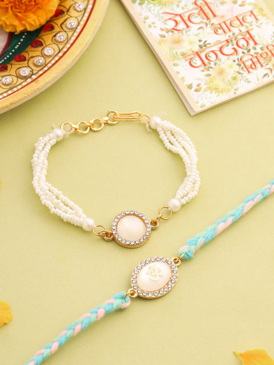 NVR Set of 2 White Pearls & Artificial Beads Bhaiya Bhabhi Rakhi with Roli Chawal Chandan & Mishri - Swadesiicart