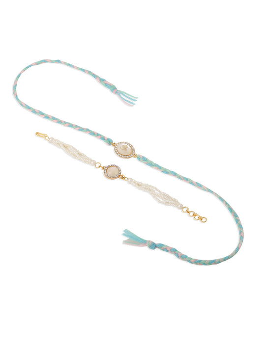 NVR Set of 2 White Pearls & Artificial Beads Bhaiya Bhabhi Rakhi with Roli Chawal Chandan & Mishri - Swadesiicart