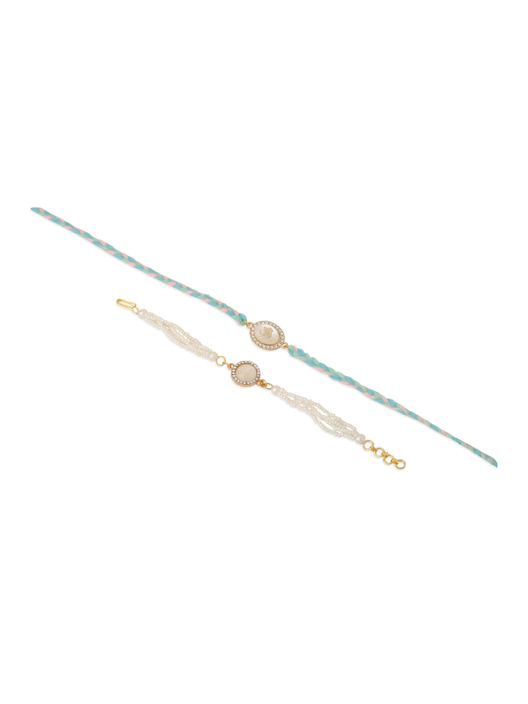 NVR Set of 2 White Pearls & Artificial Beads Bhaiya Bhabhi Rakhi with Roli Chawal Chandan & Mishri - Swadesiicart