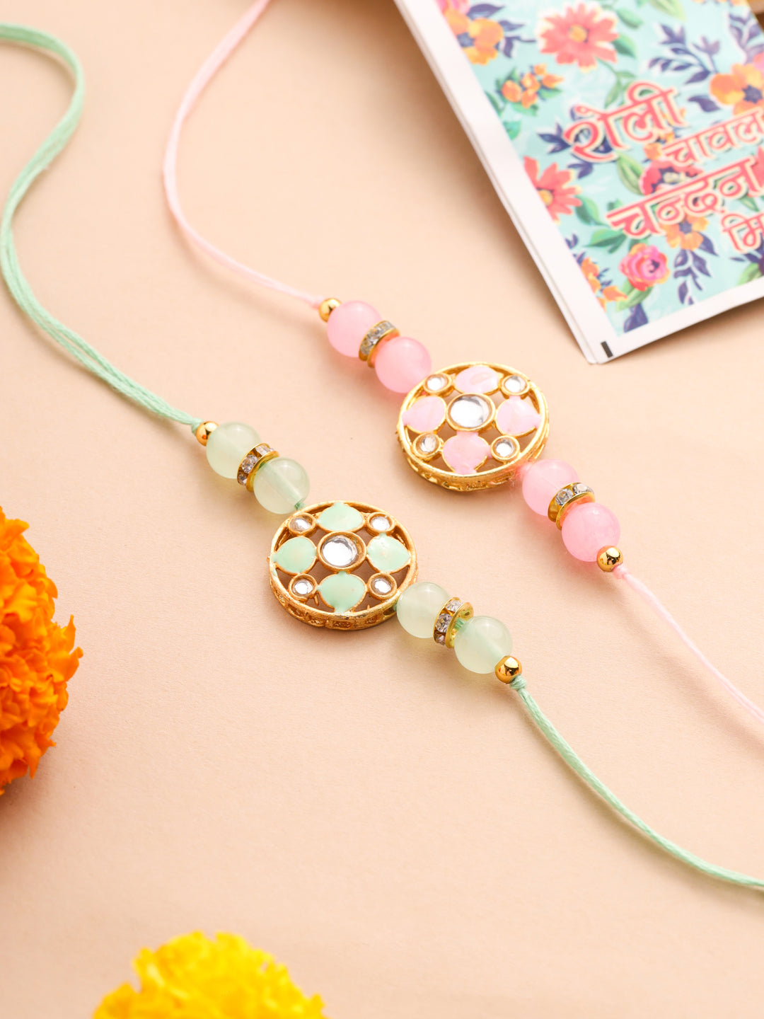 NVR Men Set of 2 Artificial Stones & Beads Floral Design Thread Rakhi with Roli Chawal Chandan & Mishri - Swadesiicart