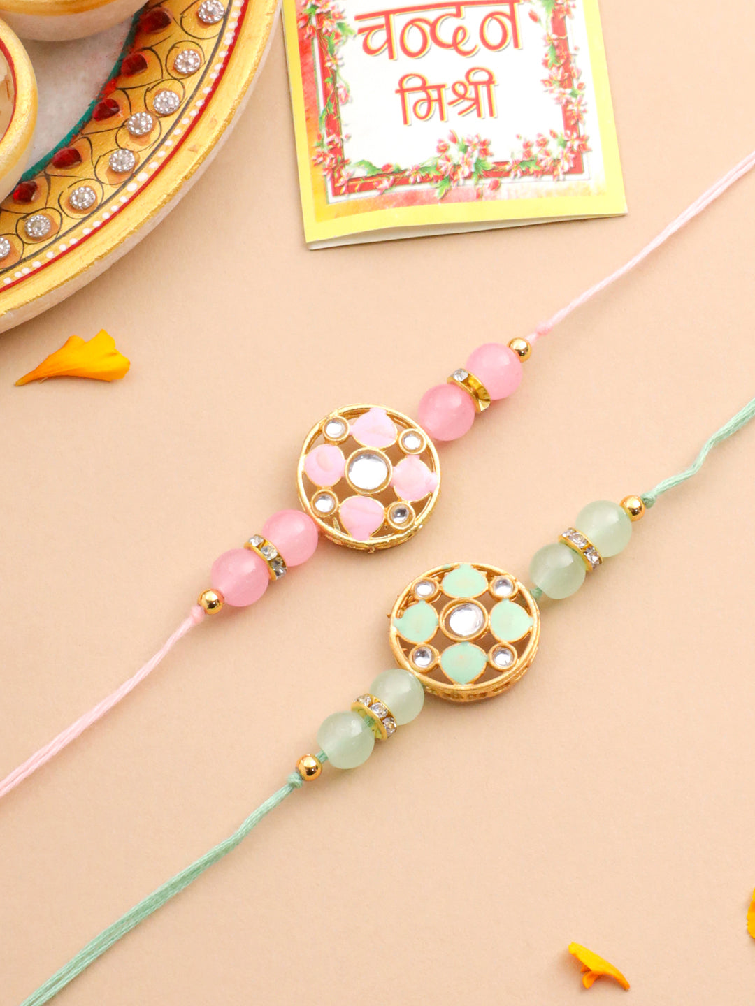 NVR Men Set of 2 Artificial Stones & Beads Floral Design Thread Rakhi with Roli Chawal Chandan & Mishri - Swadesiicart