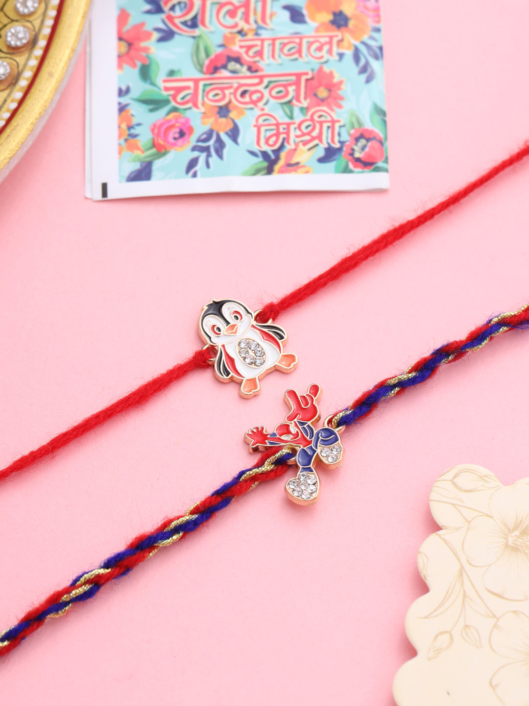 NVR Kids Set of 2 Cartoon Character Blue & Red Thread Rakhi with Roli Chawal Chandan & Mishri | Swadesiicart