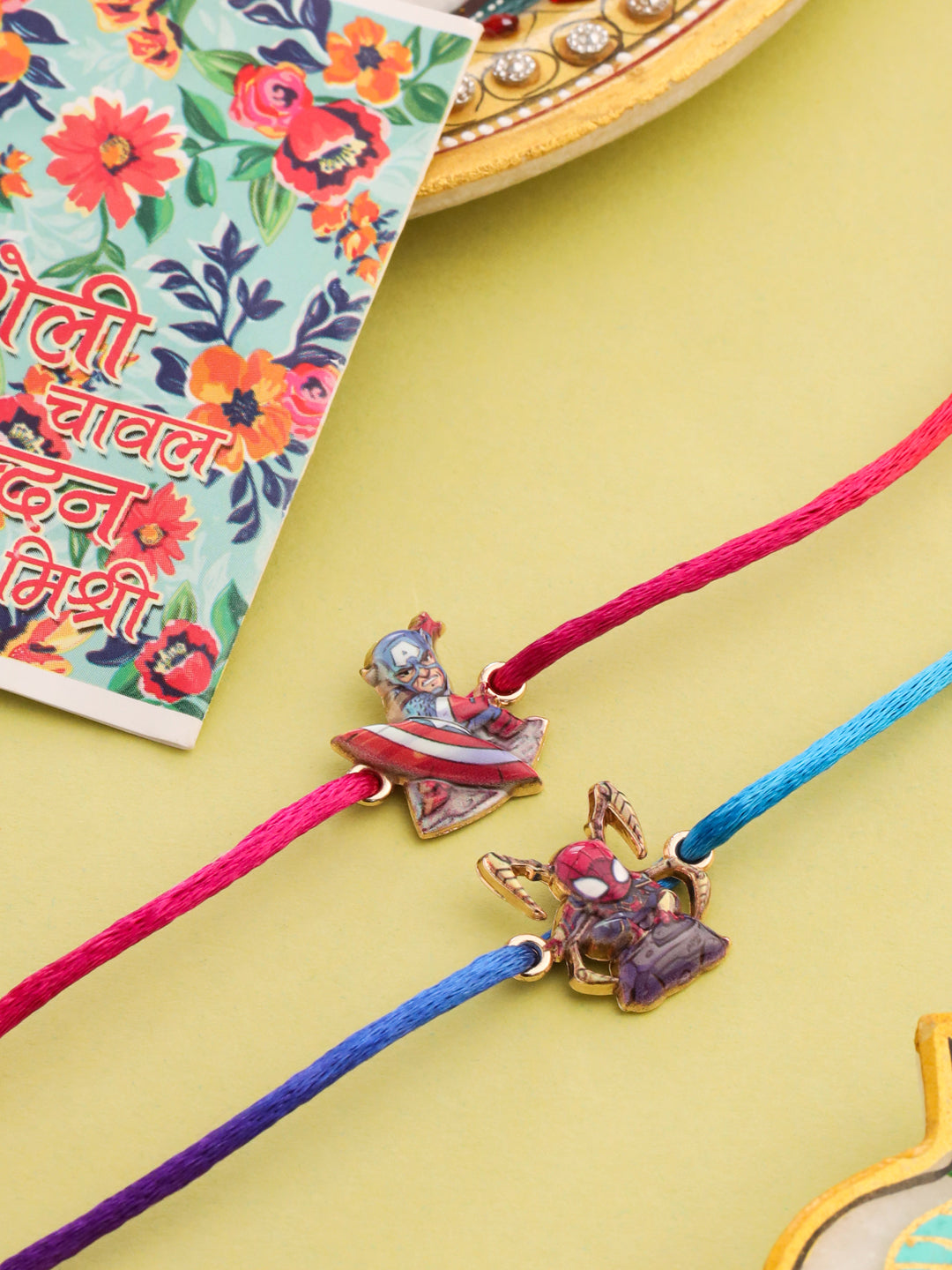 NVR Kids Set of 2 Cartoon Character Purple & Red Thread Rakhi with Roli Chawal Chandan & Mishri | Swadesiicart