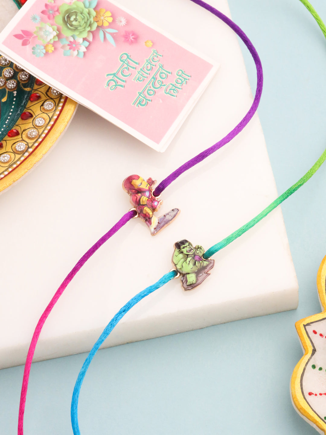 NVR Kids Set of 2 Cartoon Design Multicolor Thread Rakhi with Roli Chawal Chandan & Mishri | Swadesiicart