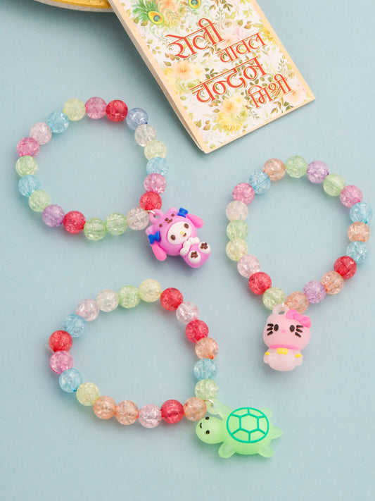 NVR Kids Set of 3 Cartoon Design Artificial Beads Thread Rakhi with Roli Chawal Chandan & Mishri - Swadesiicart