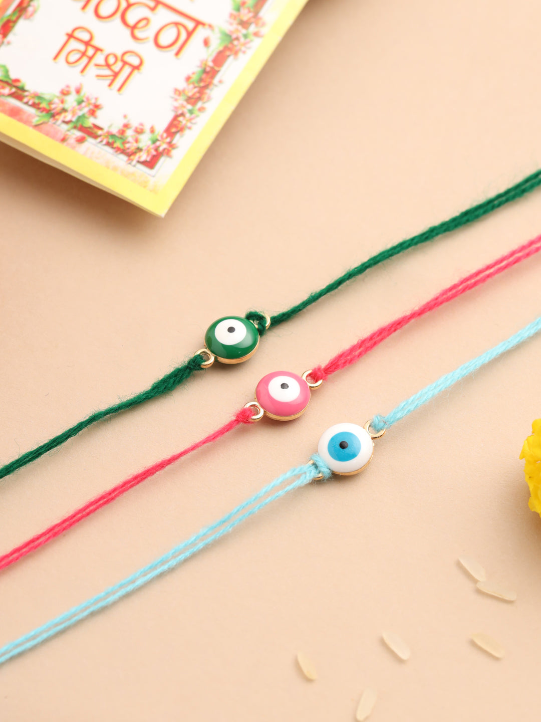 NVR Men's Set of 3 Multicolor Evil Eye Thread Rakhi with Roli Chawal Chandan & Mishri | Swadesiicart