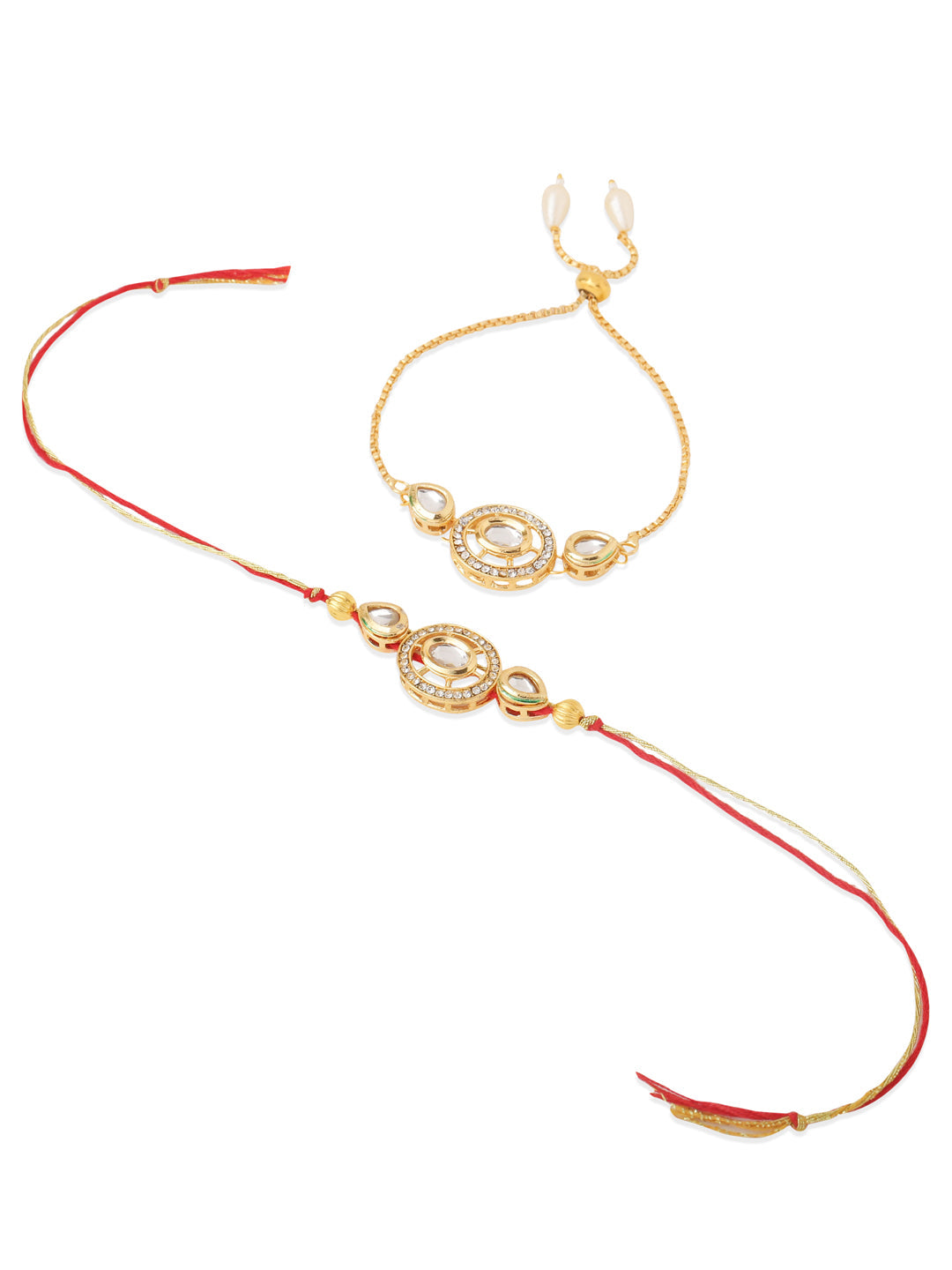 NVR Set of 2 Gold Toned Kundan Studded Bhaiya Bhabhi Rakhi Set, Combo for Rakshabandhan | Swadesiicart