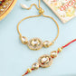NVR Set of 2 Gold Toned Kundan Studded Bhaiya Bhabhi Rakhi with Roli Chawal Chandan & Mishri | Swadesiicart