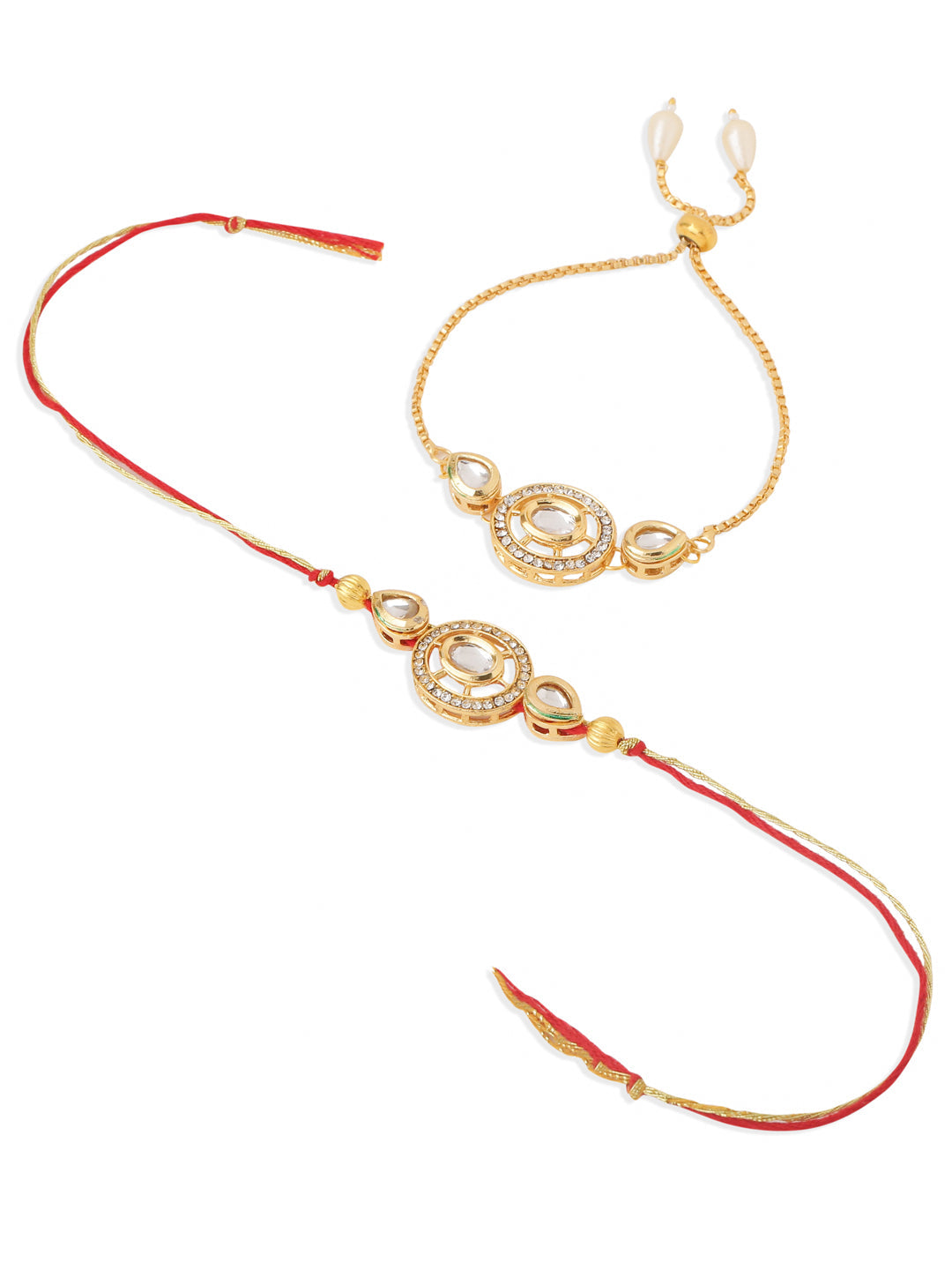 NVR Set of 2 Gold Toned Kundan Studded Bhaiya Bhabhi Rakhi with Roli Chawal Chandan & Mishri | Swadesiicart
