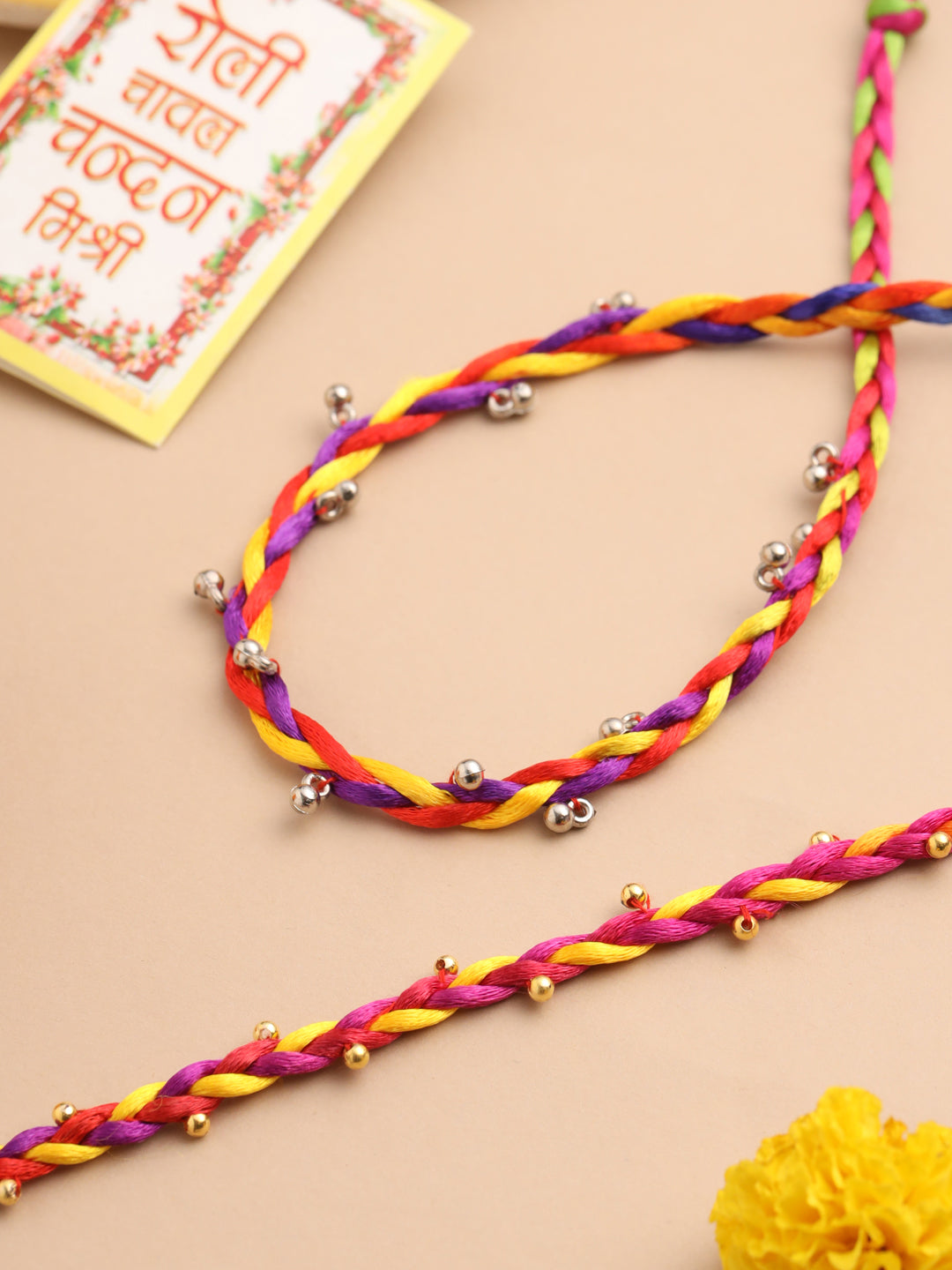NVR Men Multicolor Artificial Beads Thread Rakhi with Roli Chawal Chandan & Mishri - Swadesiicart
