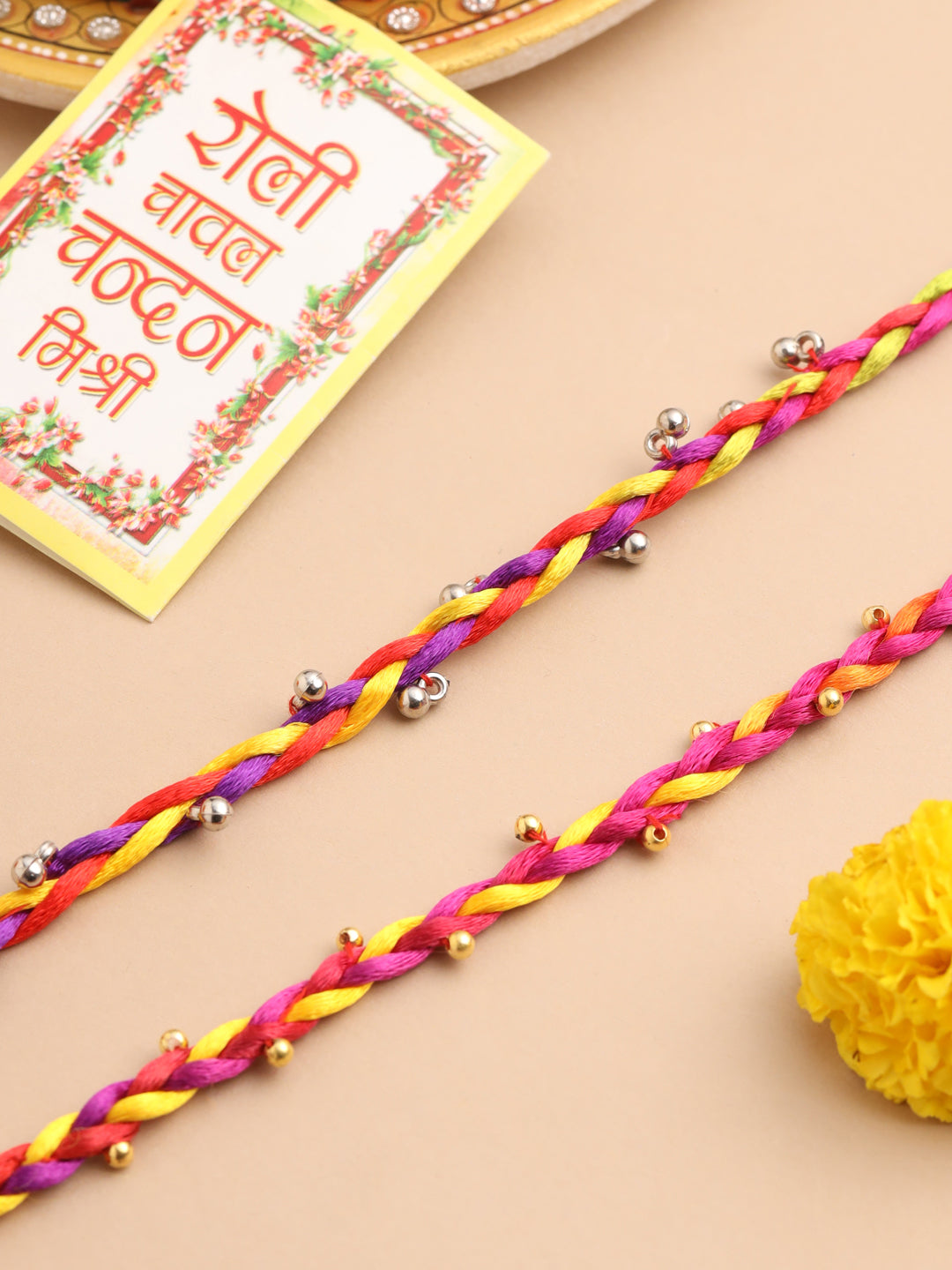 NVR Men Multicolor Artificial Beads Thread Rakhi with Roli Chawal Chandan & Mishri - Swadesiicart