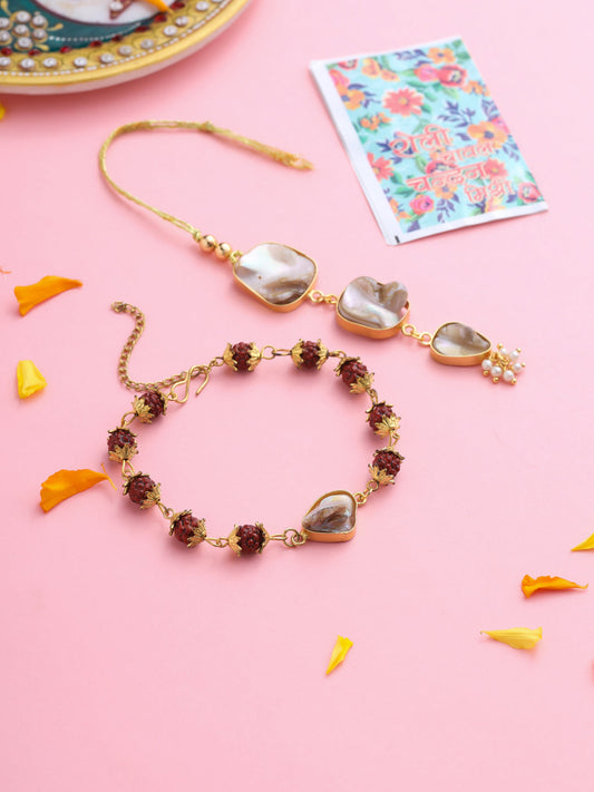 NVR Set of 2 Gold Toned Rudraksh & Pearls Bhaiya Bhabhi Rakhi with Roli Chawal Chandan & Mishri | Swadesiicart