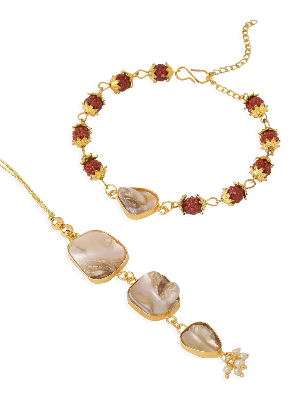 NVR Set of 2 Gold Toned Rudraksh & Pearls Bhaiya Bhabhi Rakhi with Roli Chawal Chandan & Mishri | Swadesiicart