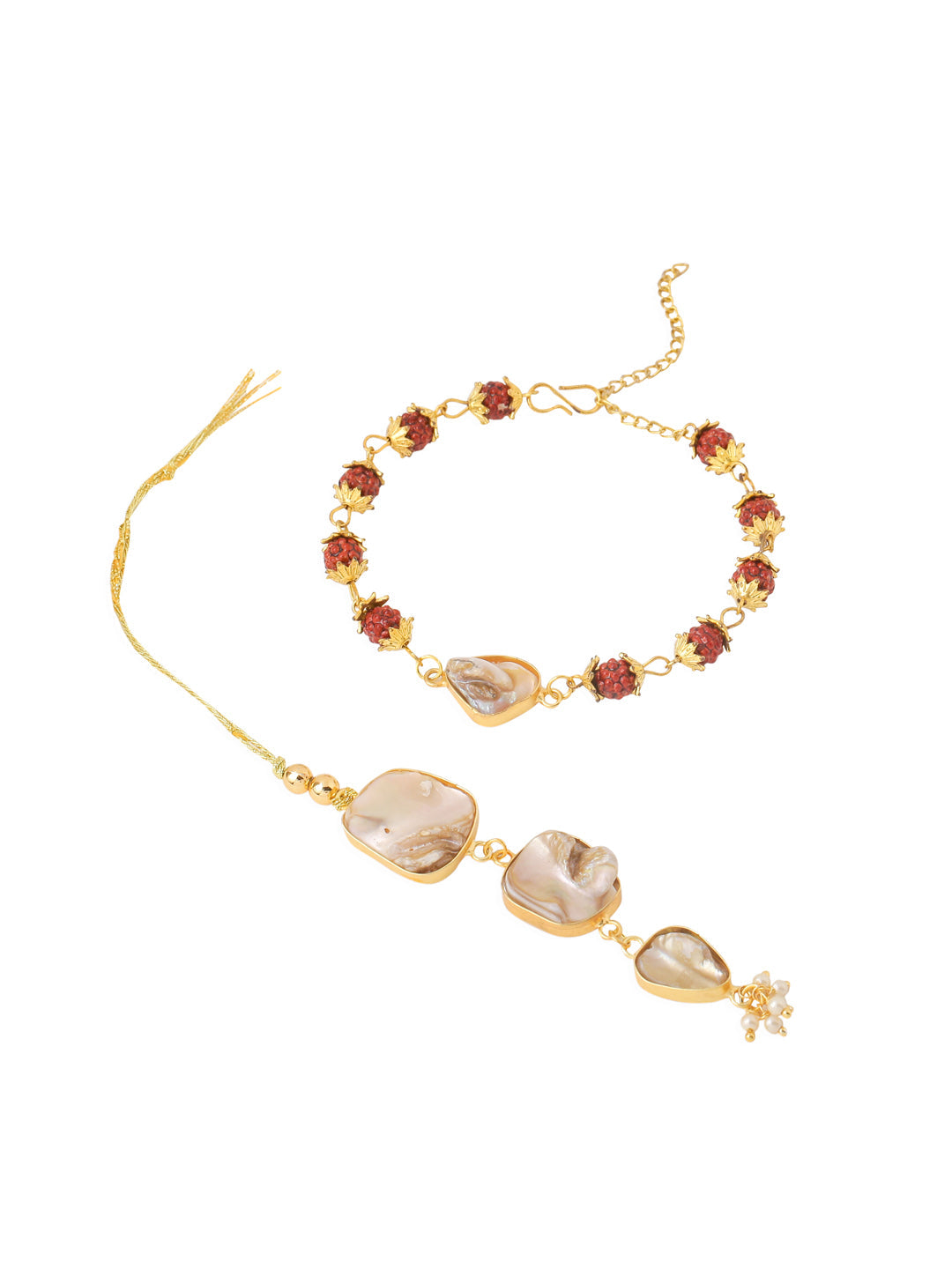 NVR Set of 2 Gold Toned Rudraksh & Pearls Bhaiya Bhabhi Rakhi with Roli Chawal Chandan & Mishri | Swadesiicart