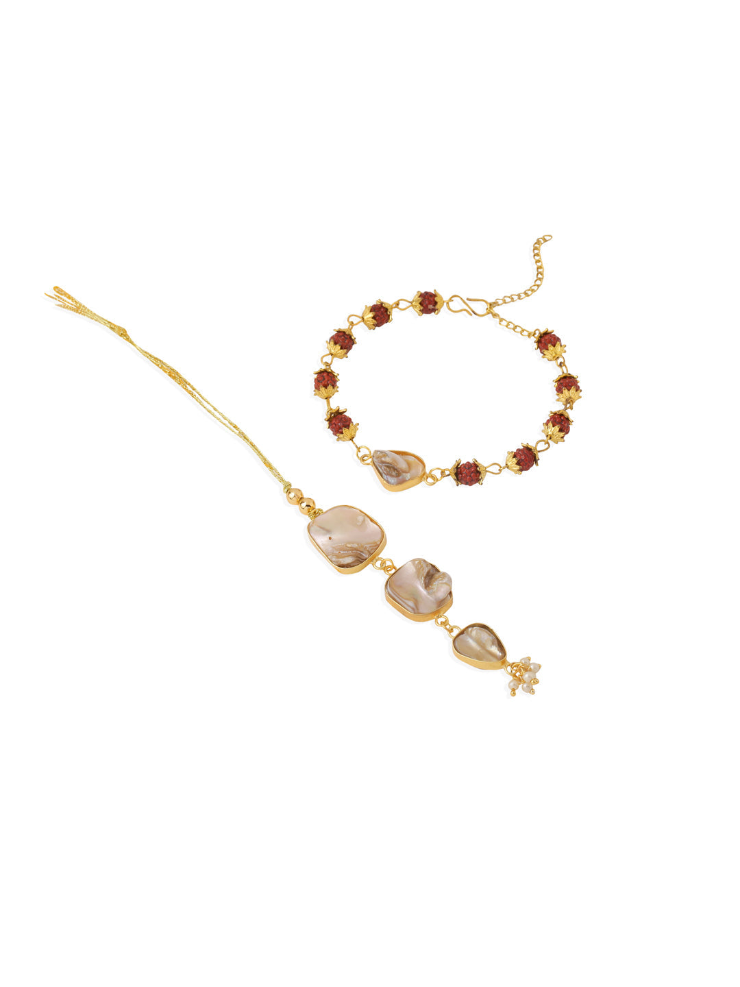 NVR Set of 2 Gold Toned Rudraksh & Pearls Bhaiya Bhabhi Rakhi with Roli Chawal Chandan & Mishri | Swadesiicart