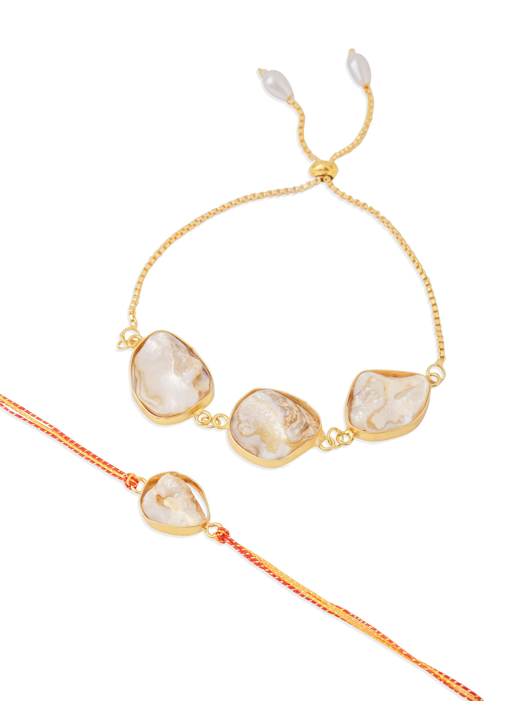NVR Set of 2 Gold Toned Pearls Bhaiya Bhabhi Rakhi with Roli Chawal Chandan & Mishri - Swadesiicart