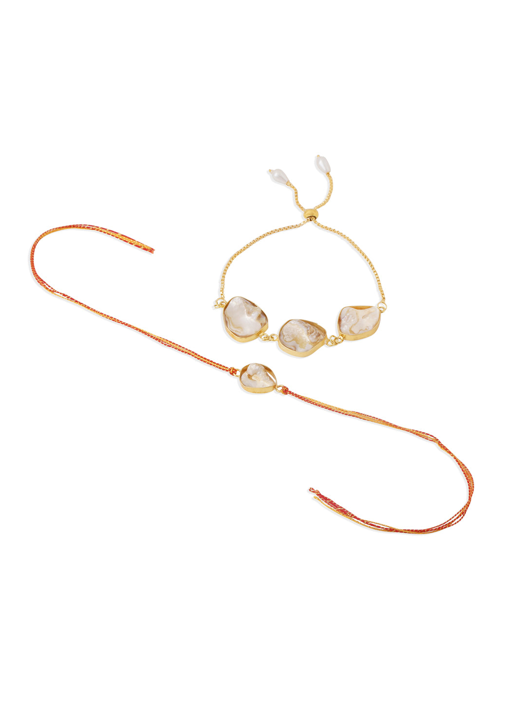 NVR Set of 2 Gold Toned Pearls Bhaiya Bhabhi Rakhi with Roli Chawal Chandan & Mishri - Swadesiicart
