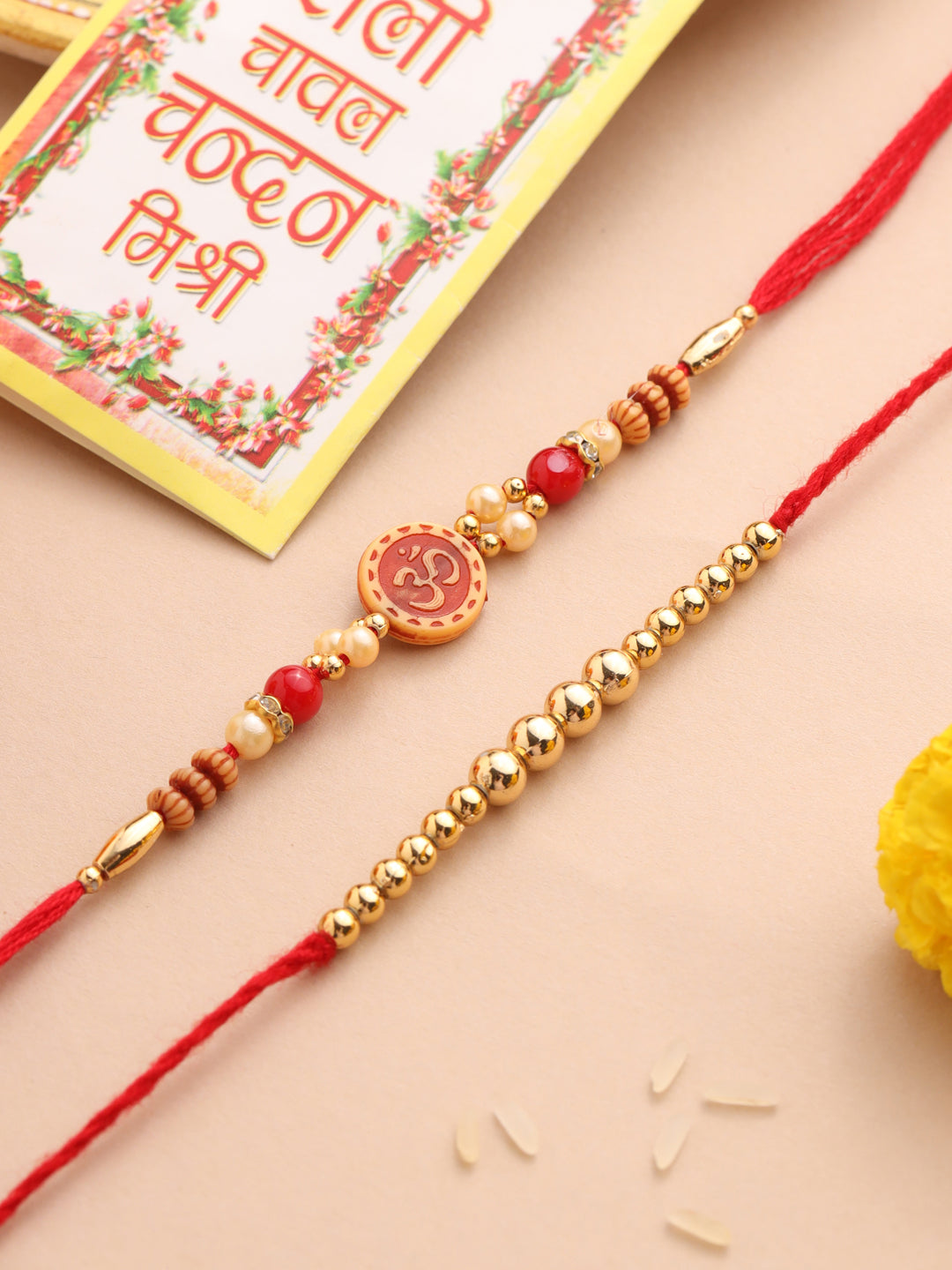 NVR Men's Set of 2 Red Religious Thread Rakhi with Roli Chawal Chandan & Mishri - Swadesiicart