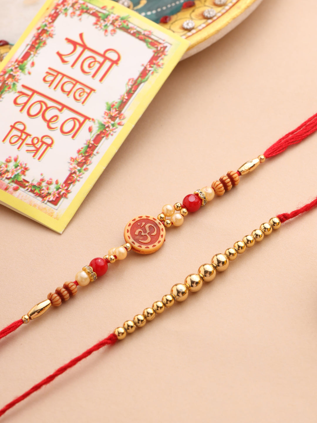NVR Men's Set of 2 Red Religious Thread Rakhi with Roli Chawal Chandan & Mishri - Swadesiicart