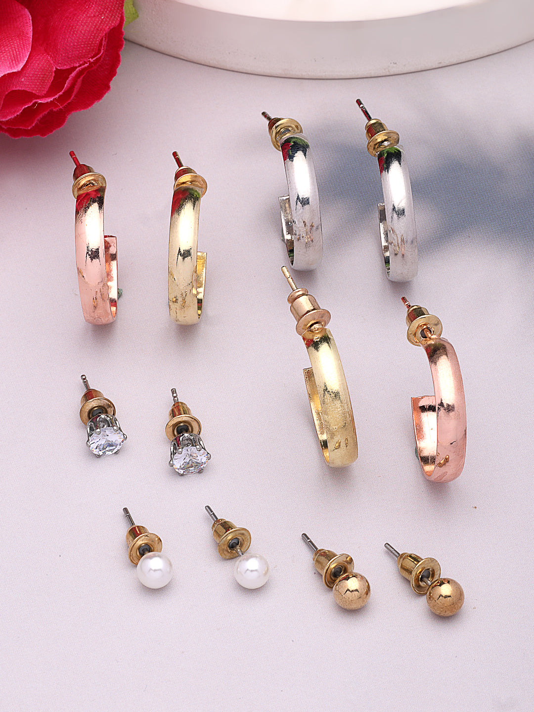 NVR Women's Set of 6 Rhodium-Plated Contemporary Half Hoop Earrings - Swadesiicart