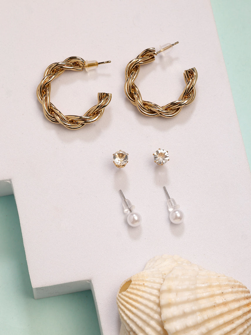 NVR Women's Set of 3 Gold-Polished Artificial Stones Half Hoop Earrings - Swadesiicart