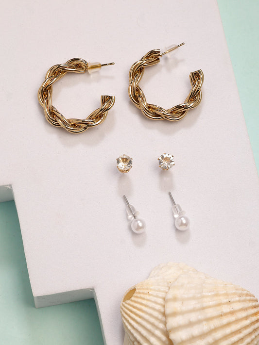 NVR Women's Set of 3 Gold-Polished Artificial Stones Half Hoop Earrings - Swadesiicart