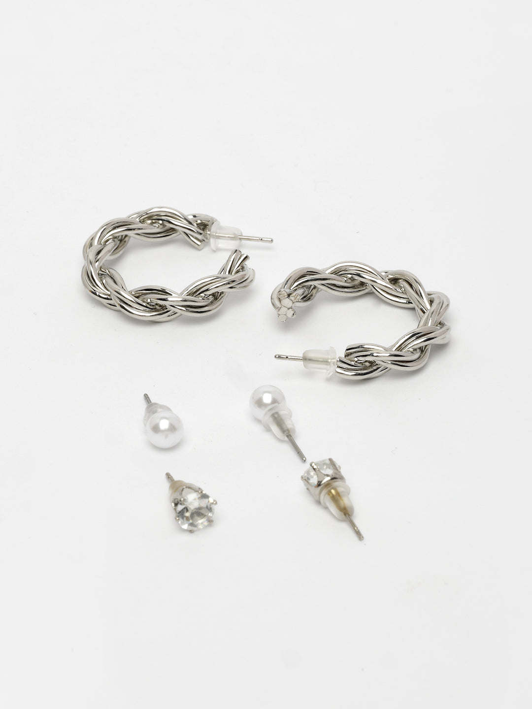 NVR Women's Set of 3 Silver-Plated Artificial Stones Half Hoop Earrings - Swadesiicart