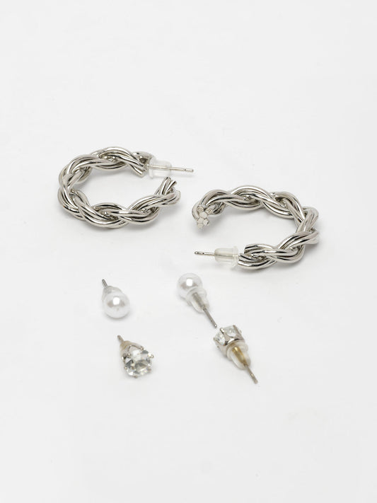 NVR Women's Set of 3 Silver-Plated Artificial Stones Half Hoop Earrings - Swadesiicart