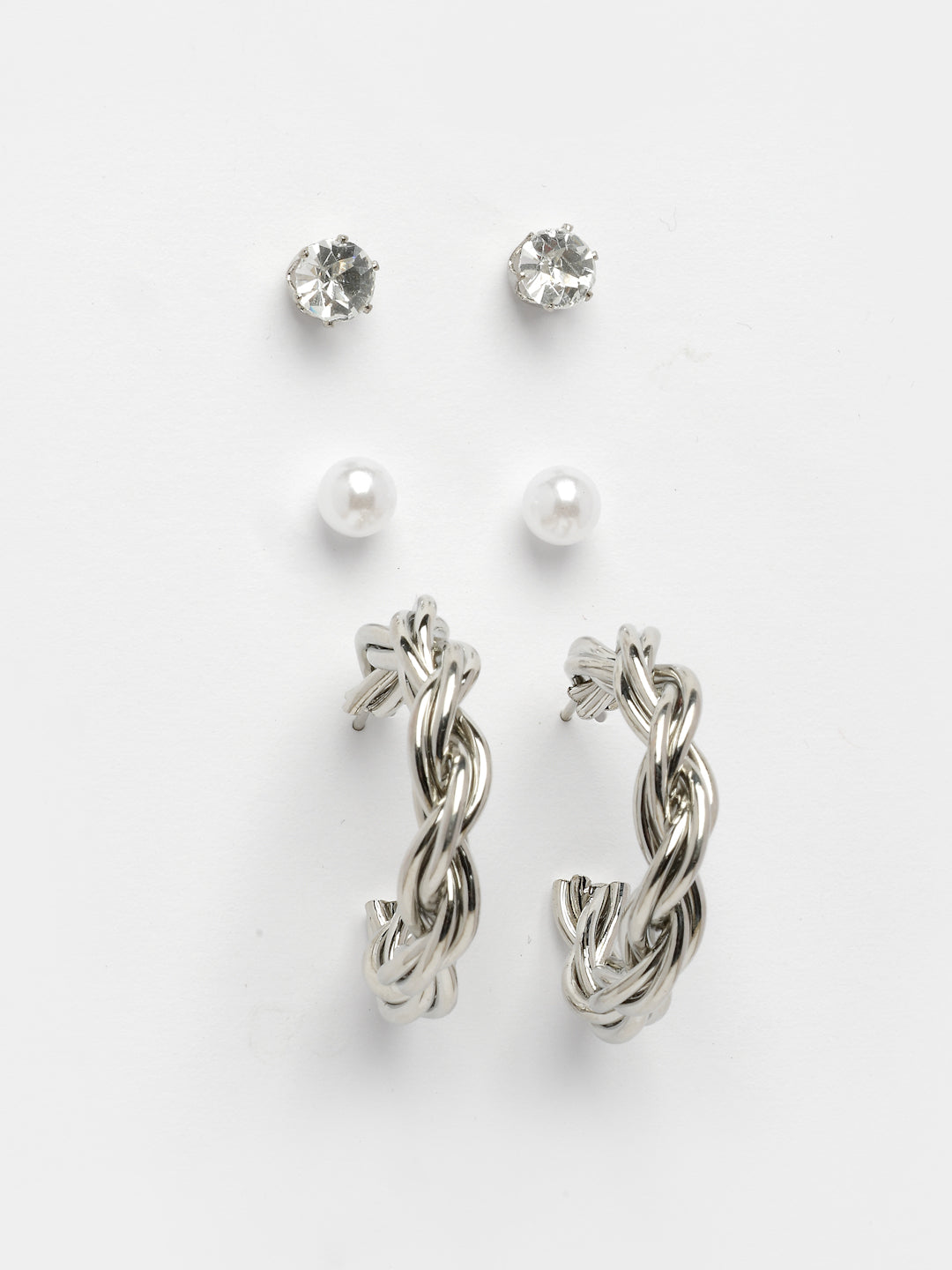 NVR Women's Set of 3 Silver-Plated Artificial Stones Half Hoop Earrings - Swadesiicart