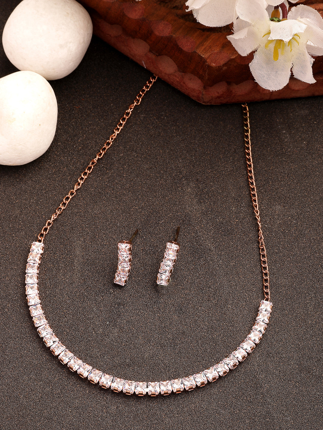 NVR Women's Rose Gold-Polished CZ-Studded Jewellery Set - Swadesiicart