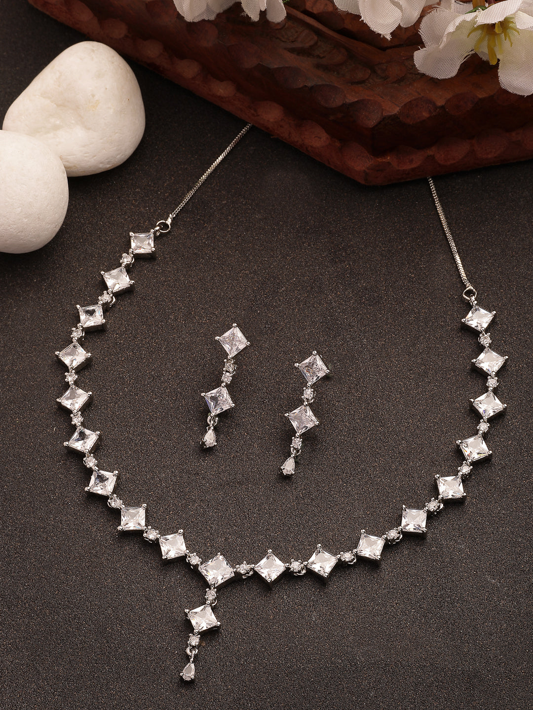 NVR Women's Silver-Plated CZ-Studded Brass Handcrafted Jewellery Set - Swadesiicart