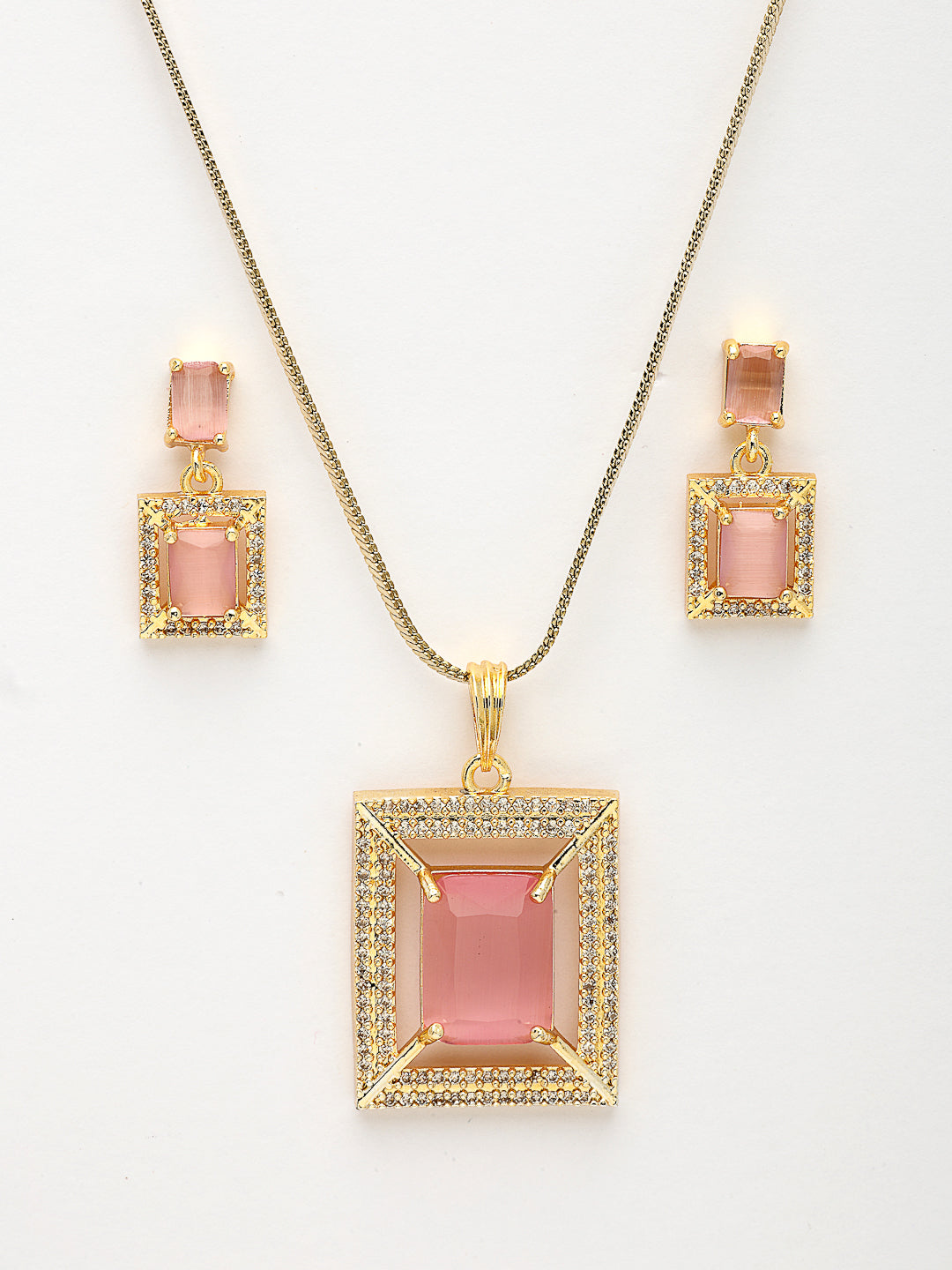 NVR Women Gold-Polished Pink American Diamond-Studded Pendant Set with Ring - Swadesiicart