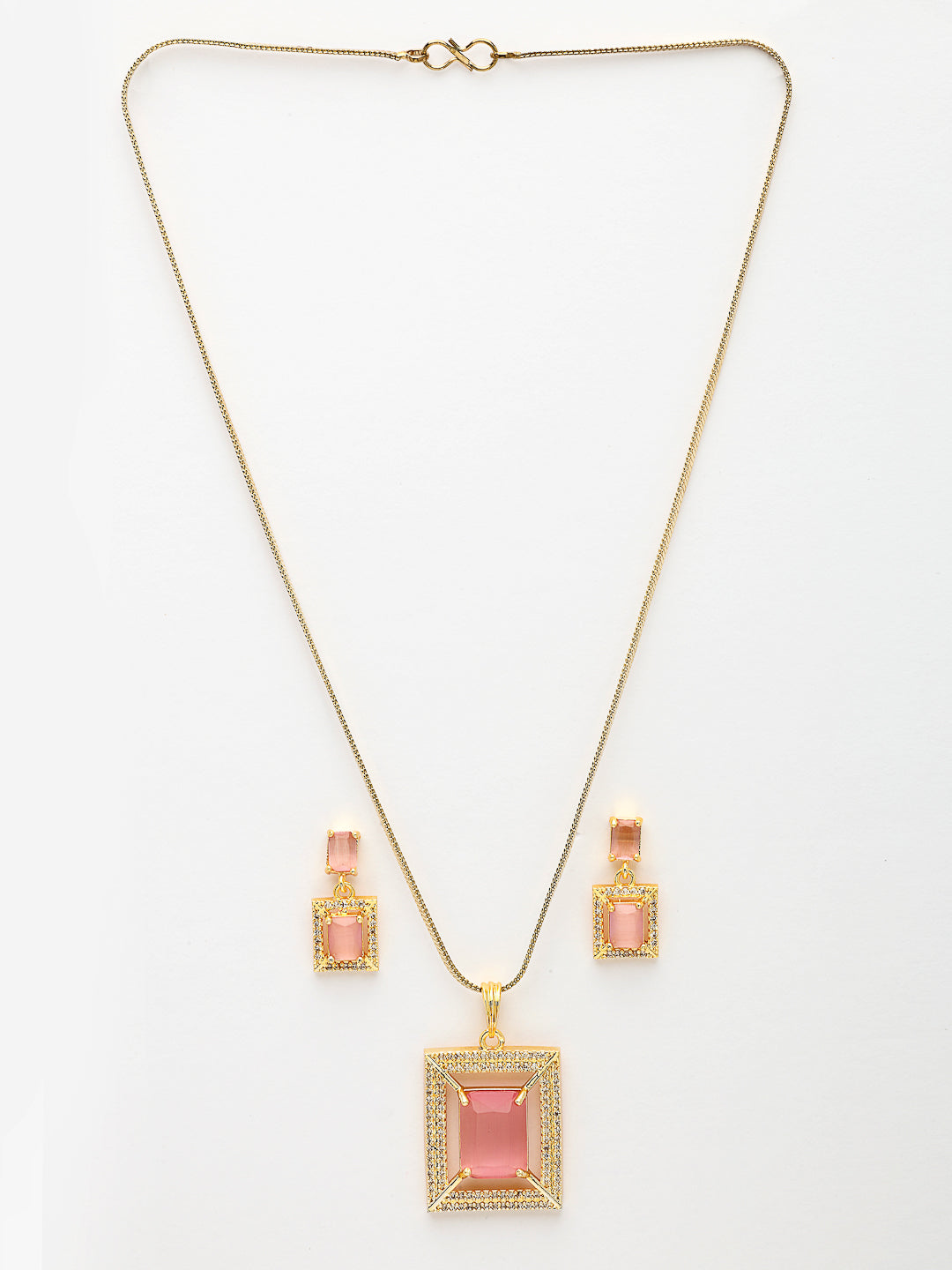NVR Women Gold-Polished Pink American Diamond-Studded Pendant Set with Ring - Swadesiicart