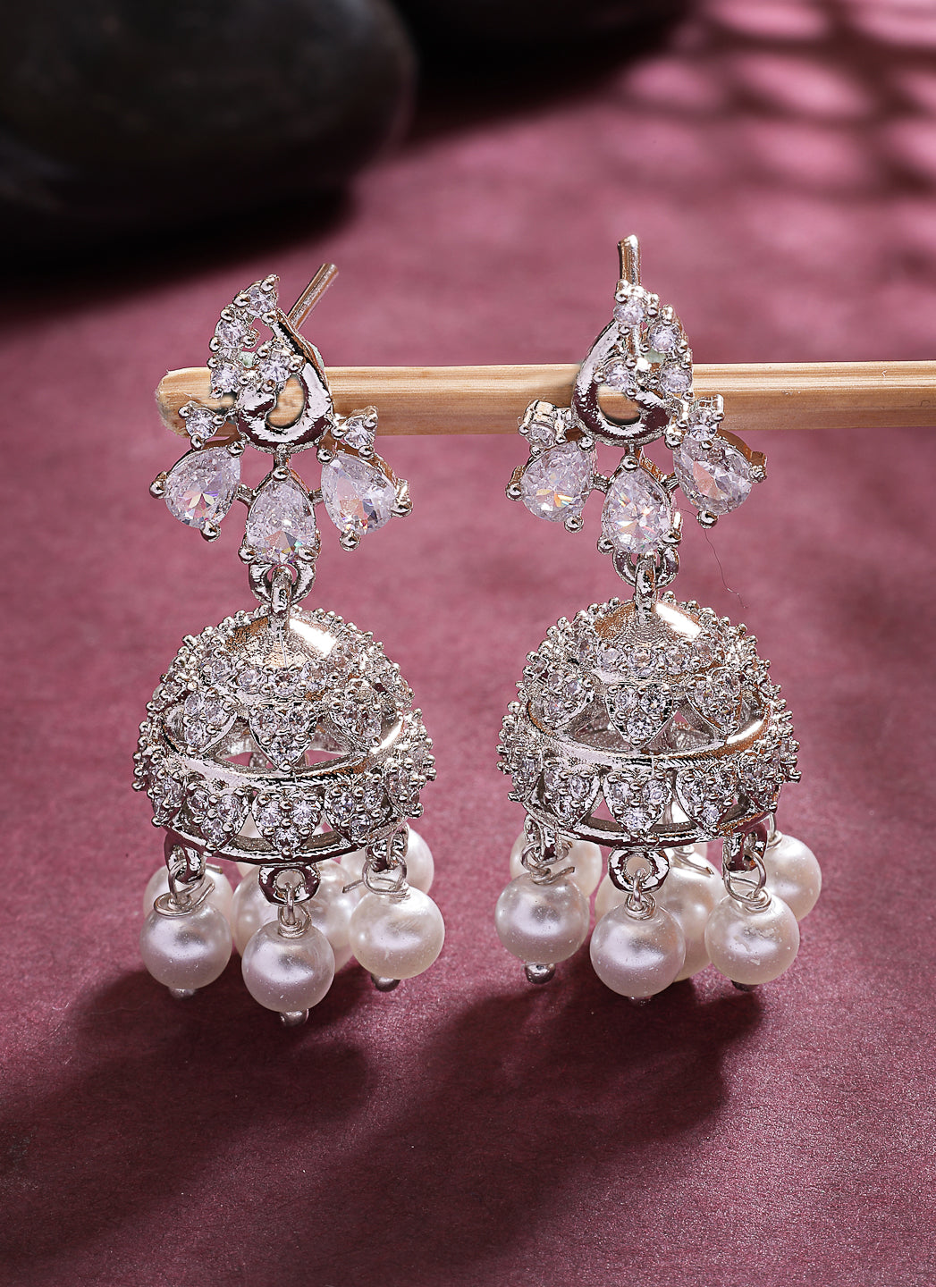NVR Wome's Silver-Plated AD- Studded Jhumki Earrings | Swadesiicart